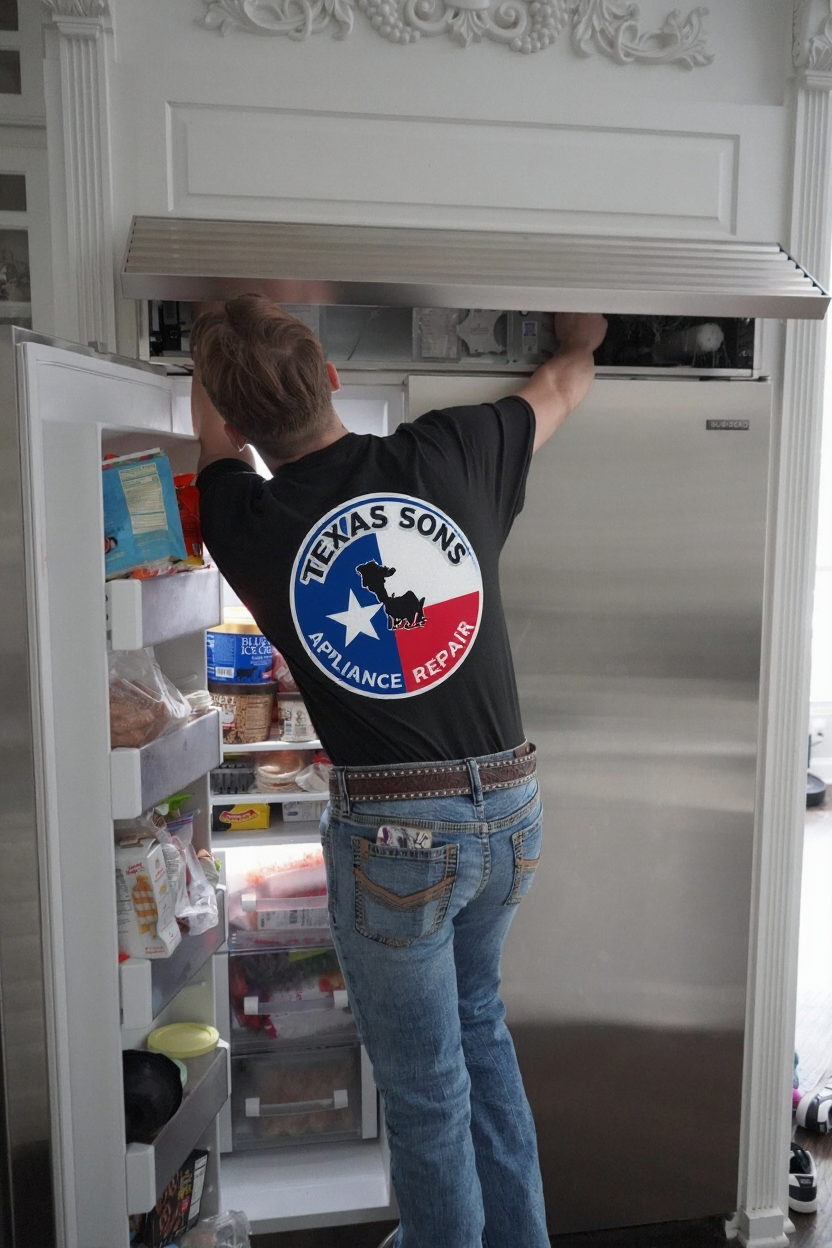 Refrigerator repair technician working on appliance in DFW